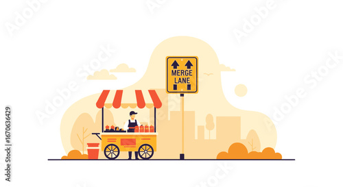 Vibrant Street Food Vendor Cart Scene near Merge Lane Sign in Cityscape