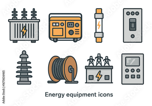 Collection of energy equipment icons featuring generators and control panels