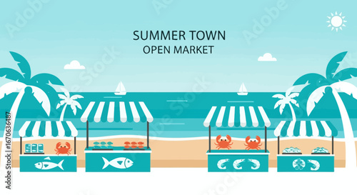 Vibrant Summer Beachside Market Scene with Seafood Offerings and Palm Trees