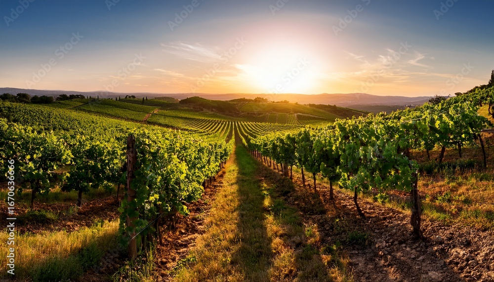Fototapeta premium a stunning sunset illuminates a sprawling vineyard with rows of lush green grapevines stretching towards the horizon in this picturesque landscape