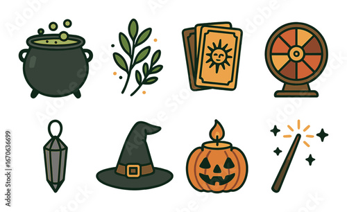 Mystical halloween icons: cauldron, tarot, witch hat, pumpkin, wand