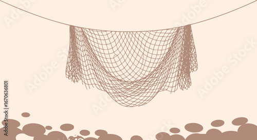Vintage Brownish Illustration Of A Fishing Net Hanging On The Ceiling