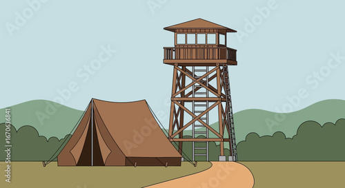 Vintage Campsite Scene Featuring a Lookout Tower And Canvas Tent Artwork