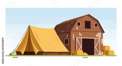 Vintage Countryside Landscape With Tent And Wooden Barn On Clear Sky Background