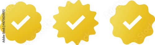 Title:
Set of gold verified badges with check mark, flat vector approval and verification emblems, scalloped star and wavy circle shapes, premium certification and trust icons for social media