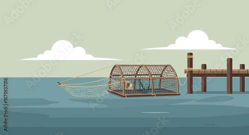 Vintage Maritime Scene Featuring a Lobster Trap Net and Wooden Pier Illustration