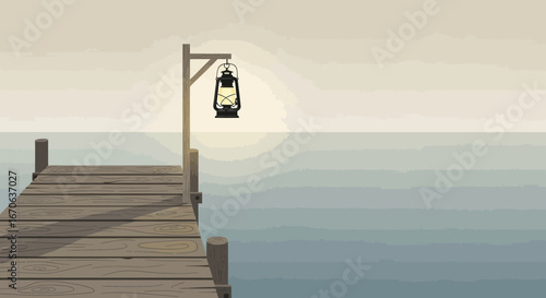 Vintage Lantern Illuminating Wooden Pier at Twilight Seaside Escape Scene
