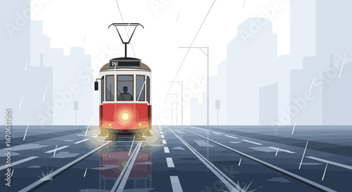 Vintage Tramcar Rides In A Rainy City Landscape During A Stormy Weather
