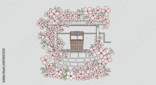 Vintage Water Well Embellished With Blooming Cherry Blossoms In Spring Season