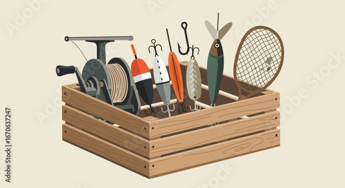 Vintage Wooden Crate Full Of Fishing Gear And Equipment In Neutral Background