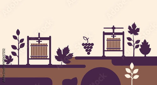 Vintage Wine Production Background With Grape Press Illustration And Vineyard