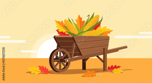 Vintage Wooden Wheelbarrow Full Of Harvest Corn And Colorful Autumn Leaves