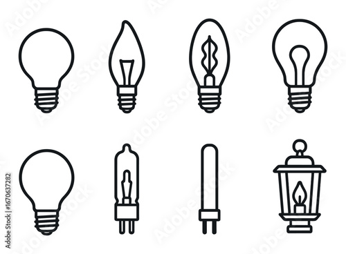 Set of various iconic light bulb illustrations on dark background