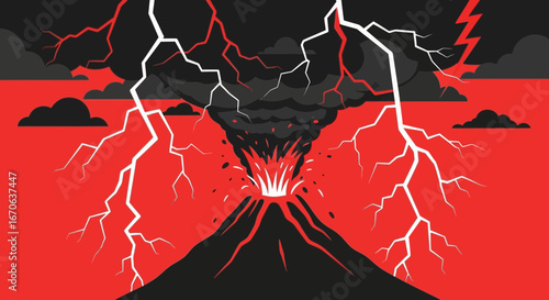 Volcanic Eruption With Lightning Strikes Illustration Representing Intense Natural Disaster
