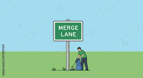 Volunteer Cleaning Along Roadside By Merge Lane Sign In Outdoor Setting