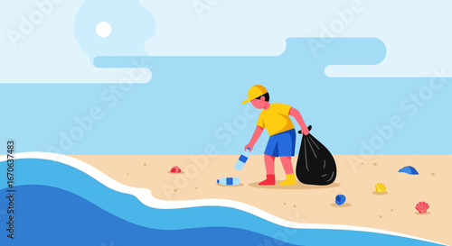Volunteer cleaning beach, environmental protection on beautiful seascape vector illustration