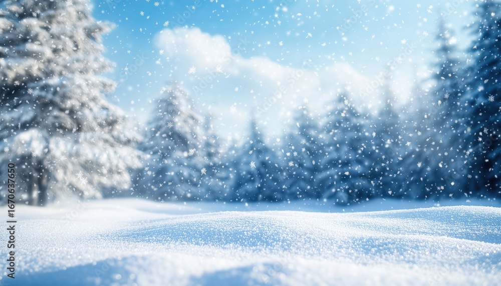 Fototapeta premium Stunning Winter Scene: Snow-Covered Forest With Gentle Snowfall Under Blue Sky In Wide Panorama Format.