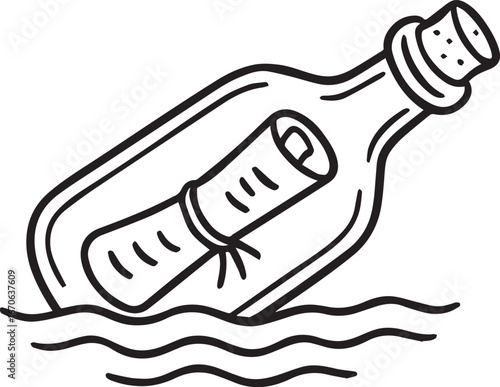 Message in a Bottle: A monochromatic illustration depicts a message in a bottle, evoking a sense of mystery and adventure. A timeless symbol of communication across vast oceans and unknown horizons.