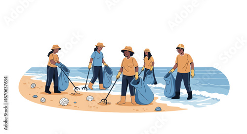 Volunteers Clean Beach Environmental Activism With Rakes And Trash Bags