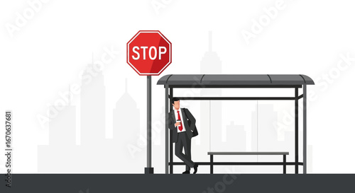 Waiting Commute At The Bus Station With Businessman Silhouette Cityscape