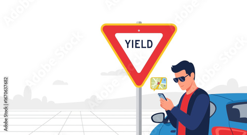 Waiting At Yield Sign Man Checking Map On Mobile Phone Using Navigation App
