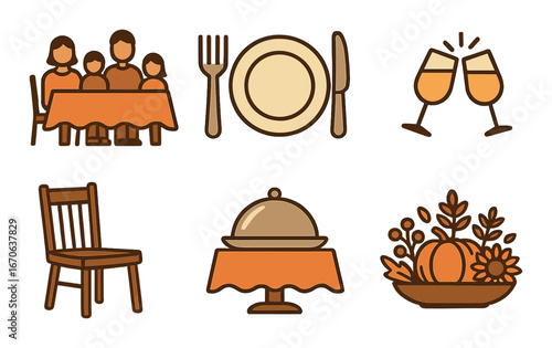Festive dining symbols: family gathering, table setting, celebratory toast, dining chair, culinary dish, harvest decor