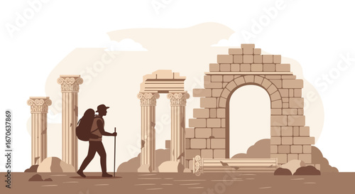 Wanderer Exploring Ancient Ruins With Backpack And Walking Stick Illustration