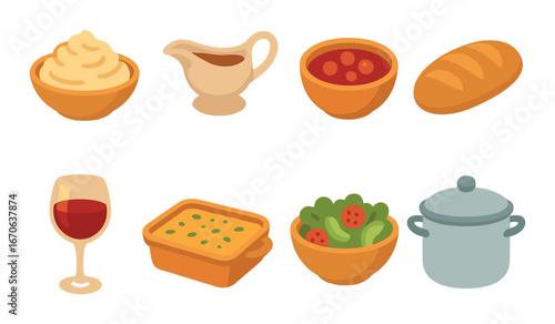Thanksgiving dinner icons: mashed potatoes, gravy, cranberry sauce, bread, wine, casserole, salad, pot