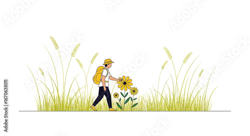 Wanderer's Serenity: A Gentle Stroll Through Fields of Golden Sunflowers