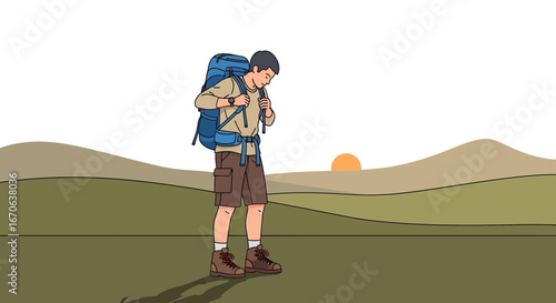 Wanderlust illustration of a male hiker with a backpack enjoying outdoor adventure at sunset