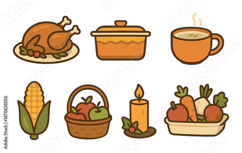 Thanksgiving feast icons collection: turkey, casserole, soup, corn, apples, candle, vegetables