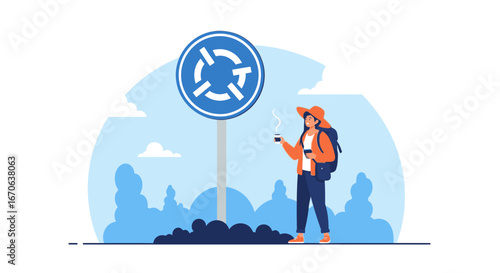 Wanderlust Journey Coffee Break Near Roundabout Sign Post Cityscape Backdrop