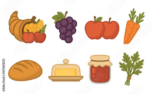 Cartoon fruit and vegetable assortment with bread and jam