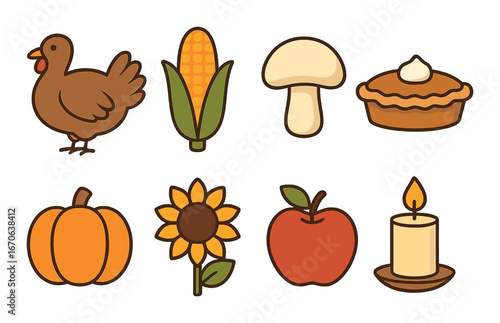 Thanksgiving symbols: turkey, corn, mushroom, pie, pumpkin, sunflower, apple, candle icons