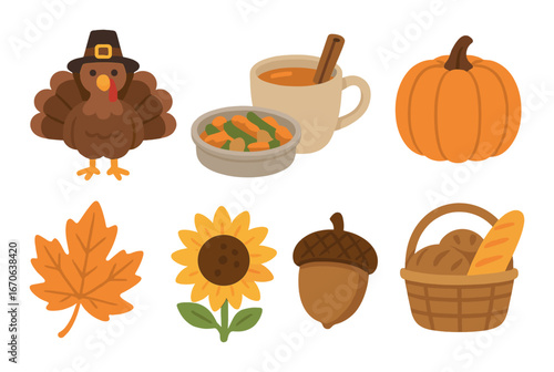 Thanksgiving festivity icons with turkey, pumpkin, and harvest elements