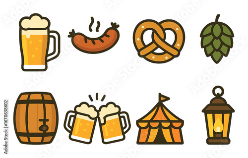 Oktoberfest icons – beer, sausage, pretzel, hops, barrel, tent, lantern