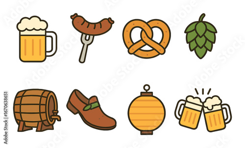 Oktoberfest icons: beer, sausage, pretzel, and festive elements on warm gradient background