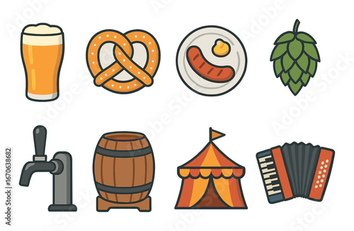 Oktoberfest symbols: beer, pretzel, sausage, hops, tap, barrel, tent, accordion