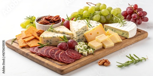 Gourmet Cheese and Charcuterie Board Image of assorted cheeses, grapes, salami and crackers, cheese board, appetizer , Appetizer, Party Food