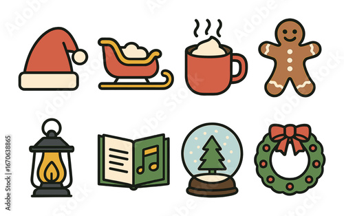 Christmas icons featuring santa hat, sleigh, hot cocoa, gingerbread man, lantern, carol book, snow globe, and wreath