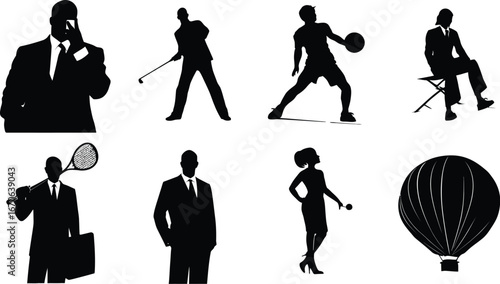 Set of Eight Black Silhouettes Depicting Diverse Human Figures and One Object Including Businessperson on Phone, Golfer Mid-Swing, Basketball Player in Motion, Seated Director, Tennis Player 