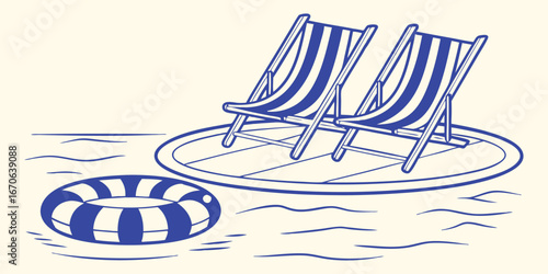 Summer. Vacation. Relax. A minimal vector line art illustration of two striped deck chairs on a floating platform for a travel blog, a hotel advertisement, or a summer pool party invite.