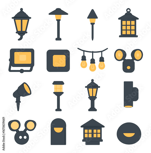 Variety of modern outdoor light fixtures on subtle background