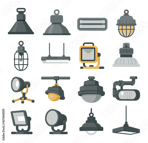 Industrial light fixtures and lamps in various styles and designs
