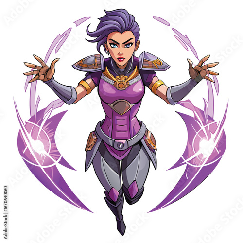 Female warrior with purple energy blades and armor