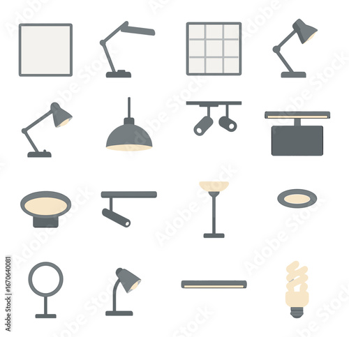 Collection of various modern light fixtures and lamps on grey background