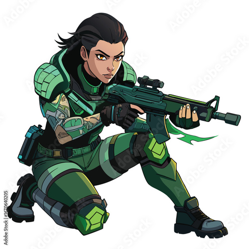 Female soldier in futuristic green armor holding a rifle