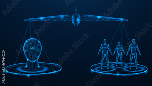 The balance between AI and human. There is a digital bot on the first scale, and three human figures on the other. Polygonal design of interconnected lines and dots. Blue background.