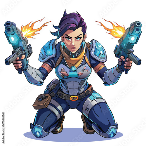 Sci fi warrior woman kneeling with dual pistols firing