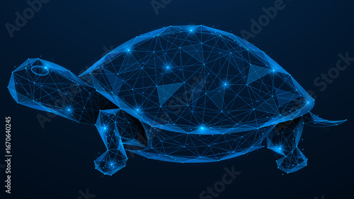 The digital turtle. A symbol of slow but steady progress. Polygonal design of interconnected lines and dots. Blue background.
